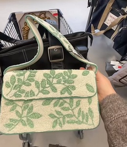 Elegant Wavy Pattern Beaded Shoulder <b>Bag</b> <b>for</b> Women Handmade-Style <b>Green</b> & Cream Fashion Statement Purse Evening Occasion Wear - Product Image 2