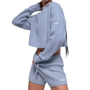 Custom <b>Cable</b> Knit Winter Bliss Hoodie & Shorts Set Women Winter Loungewear OEM Knitwear Set Private Label Supplier - Product Image 4