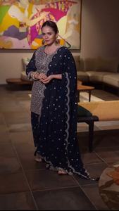 Salwar Kameez en soie à manches longues de style indien pakistanais pour femmes, imprimé fantaisie, vêtements de fête modernes - Product Image 5