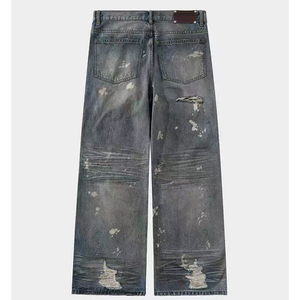 Jean droit décontracté en coton pour homme, taille moyenne, noir et bleu délavé, respirant et léger, avec logo personnalisé - Product Image 1
