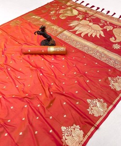 <b>Red</b> Silk <b>Saree</b> with Gold Embroidery Traditional Indian Wedding & Party Wear High-quality Evergreen Design for Women - Product Image 2