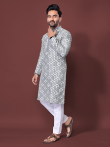 Kurta en coton gris imprimé pour homme avec churidar blanc, style indien pakistanais traditionnel, coupe régulière, longueur cheville, pour tenue décontractée - Product Image 1