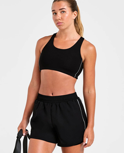 Custom Made Women's Black 2-Piece Yoga Set Scoop Neck Racerback Crop <b>Top</b> Elastic Waist Shorts Solid Color Cheap Price <b>Low</b> MOQ - Product Image 3