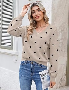 Pull en tricot beige à pois pour femme, col en V, épaules tombantes, manches longues, style décontracté automne, 100% coton respirant - Product Image 3