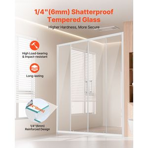 Porte de douche semi-cadre semi-encadrée étanche en verre trempé transparent de 6 mm (1/4 po) avec double porte coulissante en verre, 57,8-59 L x 70 H po - Product Image 4
