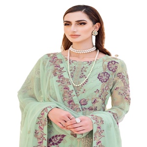 Robes Panjabi en mousseline de soie 3 pièces pour femmes Designers pakistanais Ramsha Vol 23 Costumes de mariée avec broderie pour les fêtes et les mariages - Product Image 1