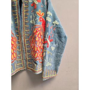 Peacock Embroidery Blue Cotton <b>Mandarin</b> <b>Collar</b> <b>Jacket</b> Full Sleeve Autumn Wear Handmade Women's Embroidered Coat - Product Image 4