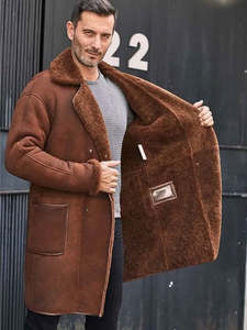 Men's Brown Genuine Leather Jacket With <b>Faux</b> <b>Fur</b> Lining Turn-down Collar Long Winter <b>Coat</b> Regular Fit Workwear Style - Product Image 5