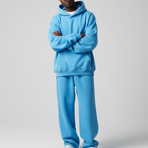 Conjunto de Sudadera con Capucha Oversize y Pantalones Anchos de Felpa de Algodón Grueso, Transpirable, Azul Cielo, Tallas Grandes, Estilo Casual Urbano de Lujo para Invierno - Product Image 3