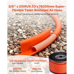 สายลมไฮบริดสีส้ม ขนาด 3/8 นิ้ว x 250 ฟุต น้ำหนักเบา ทนต่อการบิดงอ 300 PSI สำหรับทุกสภาพอากาศ อุปกรณ์เสริมเครื่องมือลม - Product Image 2