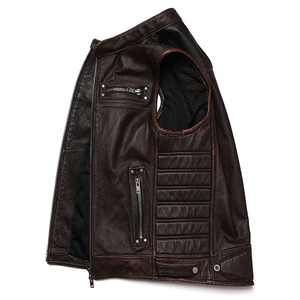 Gilet en cuir véritable pour homme, col montant, fermeture éclair, style moto, vêtement d'extérieur respirant, couleur unie, collection automne, le plus vendu - Product Image 2