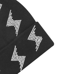 Bonnet en tricot noir à strass pour femme, chaud et tendance, avec revers et motif diamant scintillant - Product Image 3