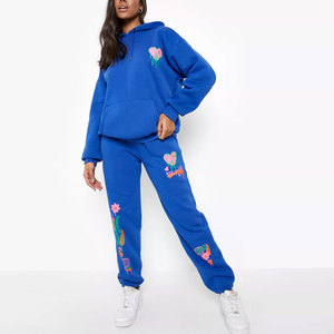 Women's Blue Hooded Tracksuit Set Full Sleeve Floral Embroidery Casual Sweatshirt <b>Pants</b> Plus Size Spring Wear - Product Image 4