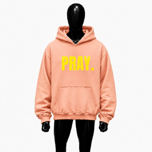 เสื้อฮู้ดพิมพ์ลายกราฟิก Peach Oversized Pray สีเหลือง พิมพ์ตัวอักษร สไตล์สตรีทแวร์ เสื้อพูลโอเวอร์แบบสวมหัว ยูนิเซ็กส์ แฟชั่นลำลอง เสื้อฮู้ดสำหรับผู้ชาย - Product Image 1