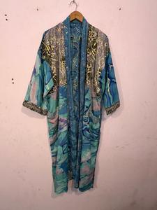 Bata de dormir de verano para mujer, larga, con estampado patchwork, transpirable, suave, cuello en V, manga tres cuartos, de tela no tejida, 100% seda - Product Image 4
