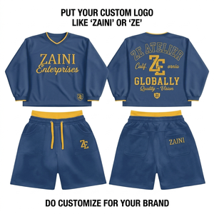 Conjunto Deportivo de Felpa de Algodón y Poliéster de Primera Calidad, Transpirable, 340 GSM, Color Azul Marino con Logotipo Bordado en Dorado Personalizado - Product Image 1