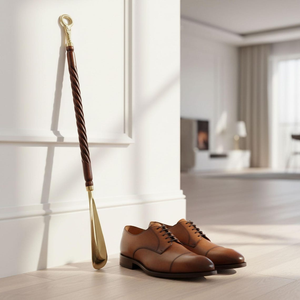 Chausse-pied en bois à long manche avec détails en laiton, corps en bois spirale, accent nœud marin, aide à l'enfilage des chaussures - Product Image 2
