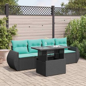 Juego de sofás de patio de 5 piezas de ratán sintético negro con cojines, conjuntos de jardín - Product Image 1