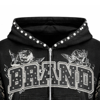 Sweat à capuche Y2K en molleton épais pour homme, avec strass, logo graphique avant, ailes d'ange, perles cloutées, effet délavé, style streetwear vintage