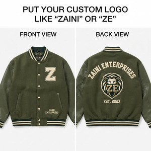 Veste varsity ZAINI Premium 450 GSM en mélange de laine coupe-vent à col montant, manches en cuir PU vert olive, patch en chenille, logo personnalisé - Product Image 1