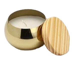 Tarro de vela de lujo de Metal decorativo para el hogar con tapa de madera para el hogar, sala de estar, decoración de mesa, tarro de vela redondo dorado - Product Image 1