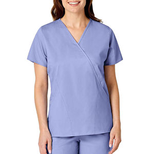 Women <b>Scrub</b> <b>Top</b> V-Neck Short Sleeve Blue Polyester Hospital Uniform <b>Scrub</b> <b>Tops</b> with Two Front Pockets for Medical Use - Product Image 2