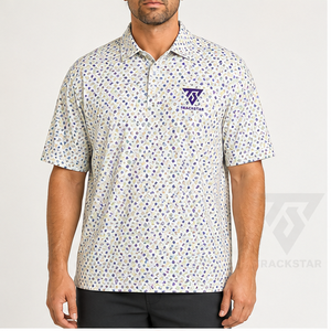 Polo pour homme Trackstar, blanc, imprimé géométrique multicolore, manches courtes, col boutonné, chemise de golf décontractée, logo personnalisé - Product Image 1