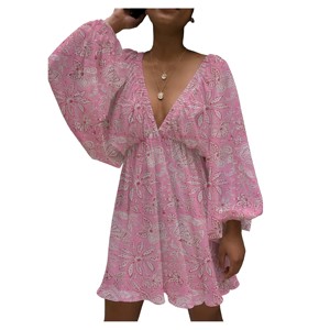 Vestido de Fiesta Estampado de Verano 2026 con Cuello en V Profundo y Mangas Farol para Mujer, Vestido Mini Irregular Sexy con Cuello en V Profundo y Mangas Farol, ¡Venta Caliente! - Product Image 4