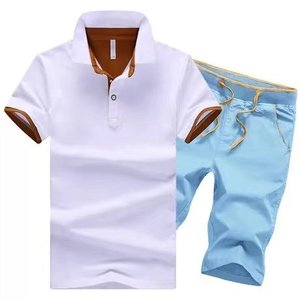 Men's Cotton <b>Polo</b> Shirt Set Solid Color Breathable Casual Summer Wear Gray <b>Orange</b> Trim Black Shorts - Product Image 3