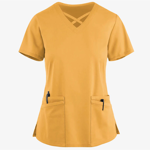เสื้อสครับสีเหลืองมัสตาร์ด แขนสั้น ผ้าทอ ย้อมสีพื้น แบบลำลอง ยูนิเซ็กซ์ ผ้ายืดสแปนเด็กซ์/โพลีเอสเตอร์ - Product Image 3