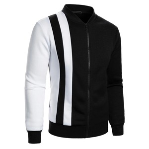 Men's Black White Color Blocking Bomber Jacket Stand Collar Zipper Closure Casual Style Slim Fit Polyester <b>Material</b> Autumn Wear - Product Image 3