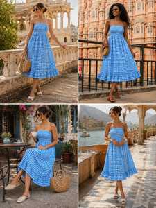 Indian Hand Block Printed Cotton Convertible <b>Dress</b> Women Strapless Smocked Tube Top <b>Dress</b> Blue Print Maxi Skirt - Product Image 6