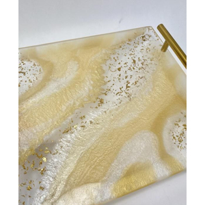 Bandeja de Servir de Resina Epoxi Negra con Hojuelas de Lámina Dorada y Asas Metálicas, Estilo Geoda Irregular, Arte Decorativo para el Hogar y Hoteles - Product Image 4
