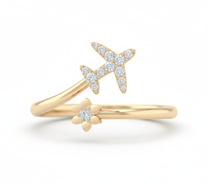 DEF Color VS VVS Clarity Round Lab Diamond Airplane Flower Open <b>Adjustable</b> <b>Ring</b> 18K Solid Gold Bypass Minimalist Statement <b>Ring</b> - Product Image 1