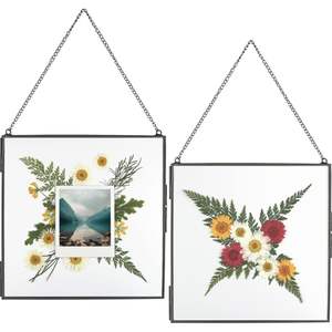 Cadre photo suspendu en verre et laiton doré vintage |   Cadre photo flottant double face avec cordon en jute pour l'affichage de fleurs pressées - Product Image 4