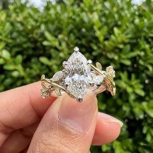 Nature Inspire Marquise Cut Moissanite <b>Tree</b> <b>Branch</b> Leaf Ring 3CT original 925 Silver With Gold Plated Anniversary Gift For Partn - Product Image 1