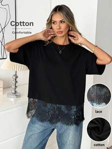 Customized Women's Shirts Black Lace Hem Oversized Cotton Tee Elegant Casual Streetwear Premium Fashion Summer Crewneck Design - Product Image 3