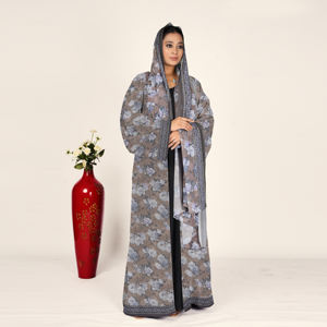 Abaya de Chifón con Motivo Floral, Pañuelo para la Cabeza Coordinado, Frente Abierto, Manga Larga, Ropa Musulmana Modesta para Mujer, Estilo Árabe, para Oración del Eid - Product Image 1