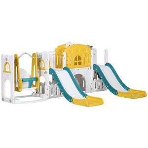 Set Altalena Giallo 8-in-1 per Bambini con Doppia Scivoliera, Canestro da Basket, Struttura per Arrampicata e Telescopio, per Età 1-3 Anni, Attrezzatura da Gioco per Esterni - Product Image 1