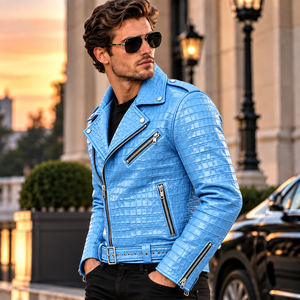 Men's Blue for Embossed Leather Biker <b>Jacket</b> | Breathable <b>Vintage</b> Winter <b>Motorcycle</b> <b>Jacket</b> Belt Zipper Pockets Lapel - Product Image 3