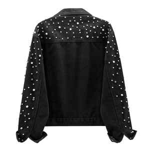 Black Denim Jacket With Rhinestone Rivet Decoration Turn-down Collar Regular Sleeve Casual Style Unisex Autumn Wear Rhinestone P - Product Image 6