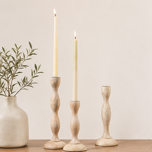 Handcrafted Wavy Wooden <b>Taper</b> <b>Candle</b> Holder Set Of 3 Rustic Distressed Mango Wood Candlestick Holders For Modern Farmhouse Decor - Product Image 6