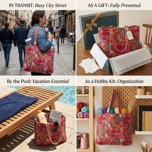 Sustainable Cotton Velvet RedTote <b>Bag</b> Cactus Floral Print Zipper Open Closure <b>Reusable</b> Shopping Travel Tote <b>Bag</b> - Product Image 2