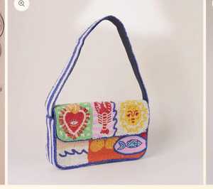 Bolso Lavable Hecho a Mano con Cuentas de Vidrio Florales, Forma Rectangular, Ribete Verde, Base Blanca, Bordado de Poliéster, Arte Coleccionable - Product Image 2
