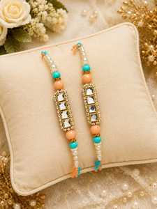 ชุด kundan rakhi สุดหรูพร้อมลูกปัดมุกเทอร์ควอยซ์และลูกพีชดีไซน์เนอร์จาก Rakhi แฮนด์เมดพี่ชาย Rakhi Premium Raksha Bandhan ของขวัญ - Product Image 3