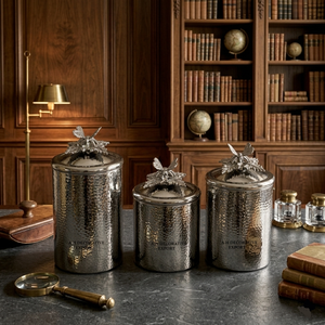 Hammered Silver Kitchen Canister Set of 3 Stainless Steel Food Storage Jars with <b>Decorative</b> Butterfly <b>Lid</b> Finials Container - Product Image 1