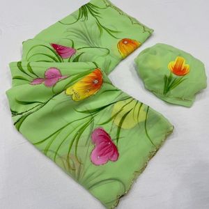 Sari de mariage traditionnel haut de gamme en georgette pure avec blouse brodée à la main à motif floral Khatli, séchage rapide, toutes saisons, par Royal E - Product Image 1