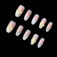 Faux ongles ovales à presser, rose nude, œil de chat, avec fleurs 3D, perles et strass, qualité salon, en gel, réutilisables, faits main
