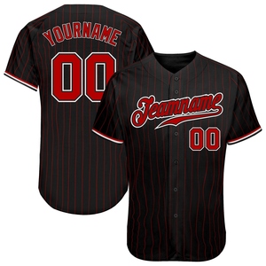 Camiseta de Béisbol Auténtica Personalizada al por Mayor, Fabricación Directa, con Rayas Rojas y Blancas sobre Negro - Product Image 1