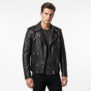 Dumela Men's Black Genuine Leather Canvas Motorcycle Jacket <b>Slim</b> Fit Stand Collar Zipper Closure <b>Belted</b> Design Solid Color - Product Image 2